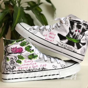 Alice in Wonderland custom trainers / Hand Painted Custom Canvas Shoes / Cheshire Cat in Wonderland / Mad hatter / We’re all mad here