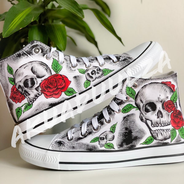 SKULL with ROSES  Hand painted shoes / Floral Gothic Skulls Personalised shoes / handmade Illustration / Custom trainers