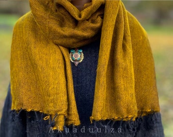 OCHRE Yak Wool Nepalese Scarf / Yellow mustard Himalayan hand loomed Shawl / Large warm scarf / Hippie Boho soft Shawl / Meditation shawl