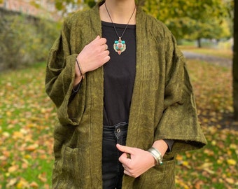 KHAKI GREEN Yak Wool Kimono | Cosy Winter Haori | Unisex Hippie Boho Robe from Nepal