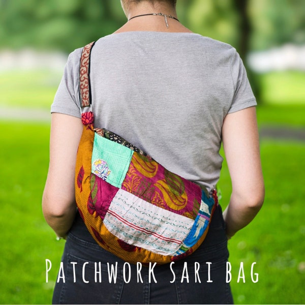 PATCHWORK SARI BAG | Eco friendly and Sustainable | Hippie Boho Dumpling Bag | Colourful Upcycled Sari | Made in Nepal