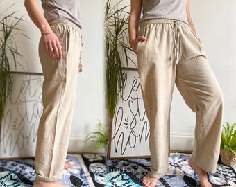 BEIGE CASUAL COTTON Trousers | Plain Wide Leg Unisex Pants | Hippie Boho Style | Festival Yoga Pants | Bohemian trousers made in Nepal