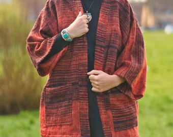 Striped Burnt Orange Himalayan Oversized Kimono, Cozy Hand-Loomed Haori Robe, Soft Brushed Loungewear, Nepal Artisan Made