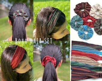 Hippie SCRUNCHIE + HEADBAND SET | Vibrant Colourful Striped Patterns | Handmade in Nepal | Boho Matching Hair Accessories | Eco-Friendly