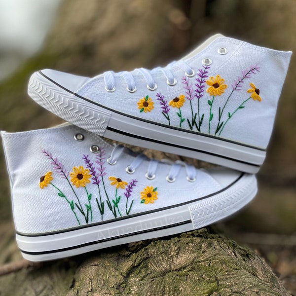 SUNFLOWERS & LAVENDER EMBROIDERED Shoes / Handmade Trainers / Boho Wildflowers / Summer flowers / Wedding, Birthday, Festivals Unique Gifts