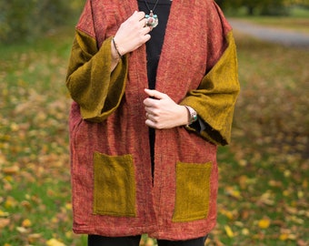 BURNT ORANGE and OCHRE Yak Wool Kimono | Cosy Winter Haori | Unisex Hippie Boho Robe from Nepal