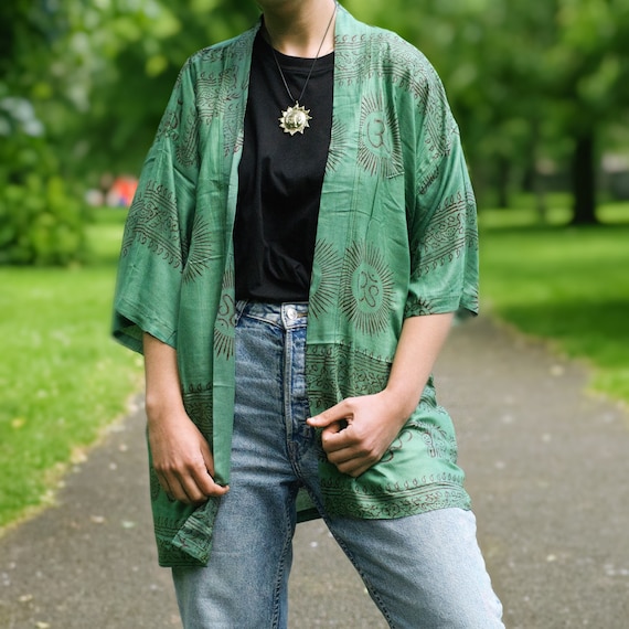 OM KIMONO | Handcrafted in Nepal | Spiritual Rayon Wrap with Om Symbol, One Size Relaxed Fit
