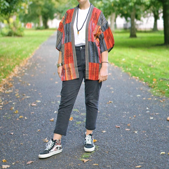 Red PATCHWORK KIMONO | Colourful Kimono Jacket | Handmade in Nepal | Unisex, One size, Cotton | Hippie Boho Clothing