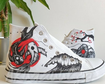 Japanese KOI FISH Hand Painted Shoes / Yin Yang Carp Shoes / Cherry Blossom shoes / Traditional Japanese Koi art