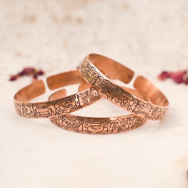 Handcrafted BUDDHIST Copper Bracelet | Healing Bangle| | Handmade in Nepal | Auspicious Solid Copper Cuff