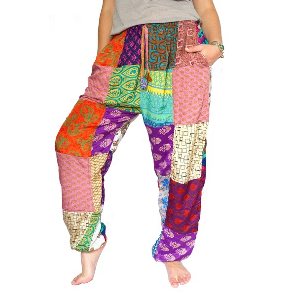 PANTALON SARI PATCHWORK | Pantalon cargo Sari recyclé | Hippie Boho | Fabriqué au Népal