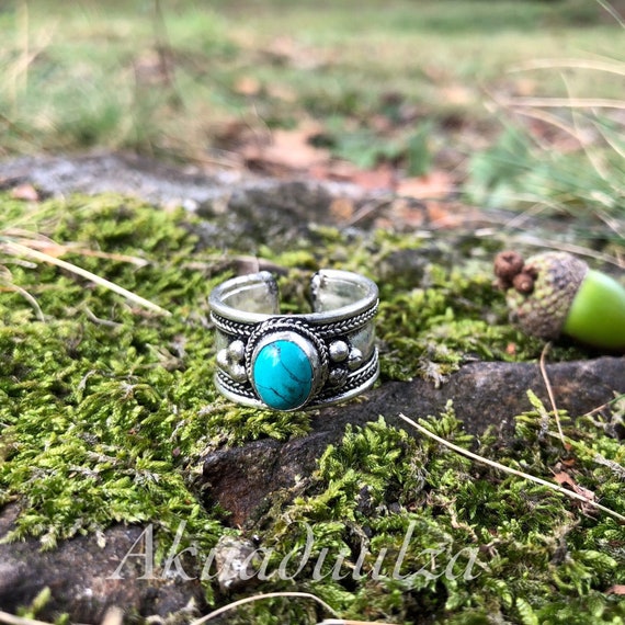 Bague Réglable Népalaise Turquoise - Bijou Bohème Fait Main - Argenté / Laiton