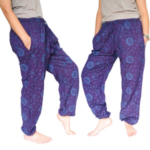 Celestial Mushroom Print Harem Pants, Hippie Festival Joggers, Cotton Lounge Trousers