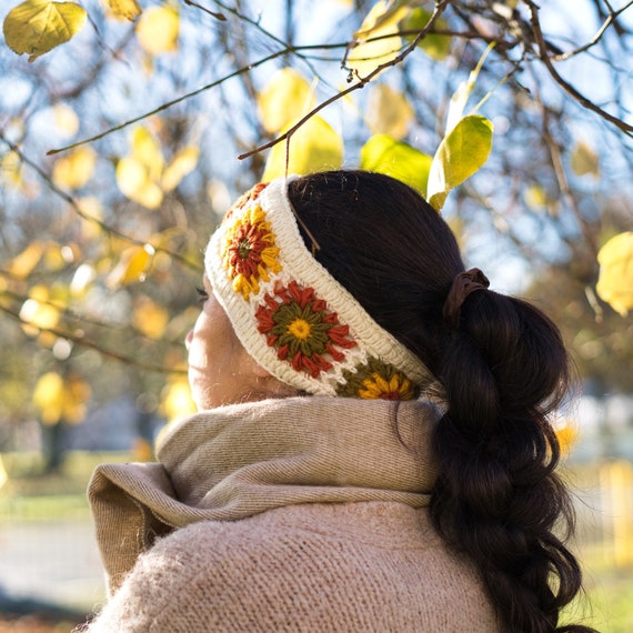 Floral winter knit head wrap Floral Crochet Headband/ Earwarmer. – Himalayan Artwear main image 4