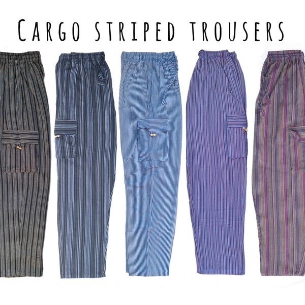 STRIPED CARGO Trousers | Hippie Boho Style | Cotton Lightweight Stripy Pants | Summer Festival | Funky Trousers from Nepal