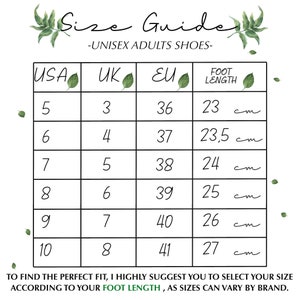 May include: Unisex shoe size guide with US, UK, EU, and foot length in centimeters. The chart shows sizes 5 through 10.