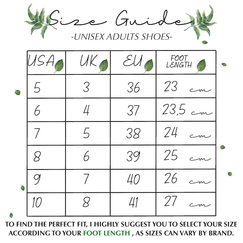 May include: Unisex shoe size guide with US, UK, EU, and foot length in centimeters. The chart shows sizes 5 through 10.