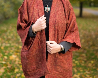 BURNT ORANGE Yak Wool Kimono | Cosy Winter Haori | Unisex Hippie Boho Robe from Nepal