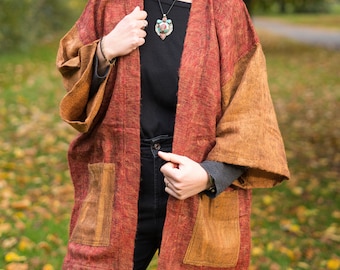 BURNT and RUSTIC ORANGE Yak Wool Kimono | Cosy Winter Haori | Unisex Hippie Boho Robe from Nepal