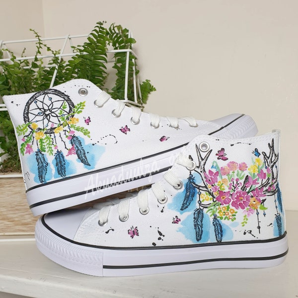 Boho Floral Deer painted shoes  / Dreamcatcher Hand Painted Shoes / Floral Hippie Art / Fairy tale illustration