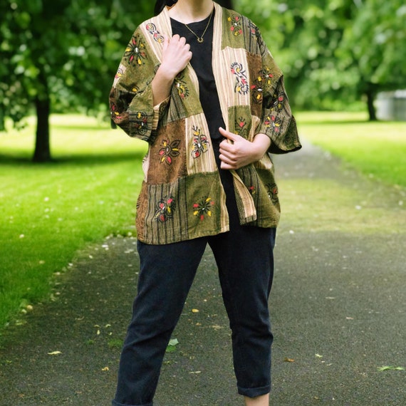 Safari Green PATCHWORK KIMONO | Colourful Kimono Jacket | Handmade in Nepal | Unisex, One size, Cotton | Hippie Boho Clothing