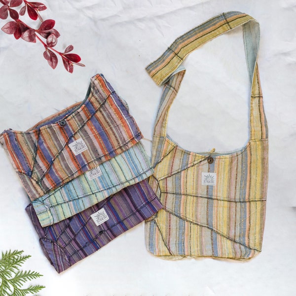 PASTEL HIPPIE BAG | Sun Striped Shoulder Bag | Handmade in Nepal | Boho Reusable Bag | Sling Shoulder Festival Bag