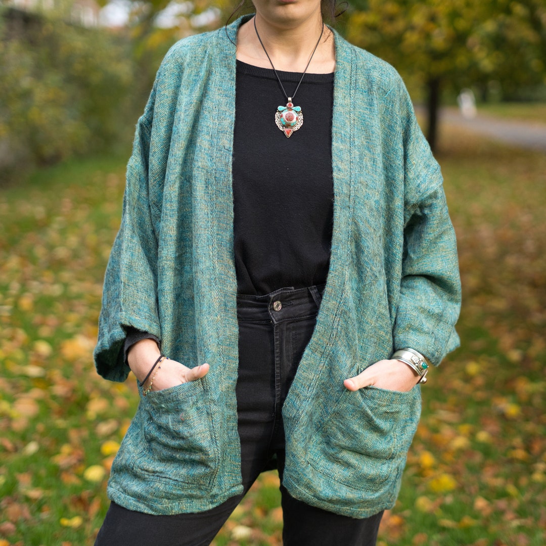 PEACOCK GREEN Yak Wool Kimono Cosy Winter Haori Unisex Hippie Boho Robe