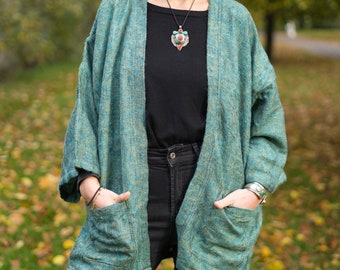 PEACOCK GREEN Yak Wool Kimono | Cosy Winter Haori | Unisex Hippie Boho Robe from Nepal