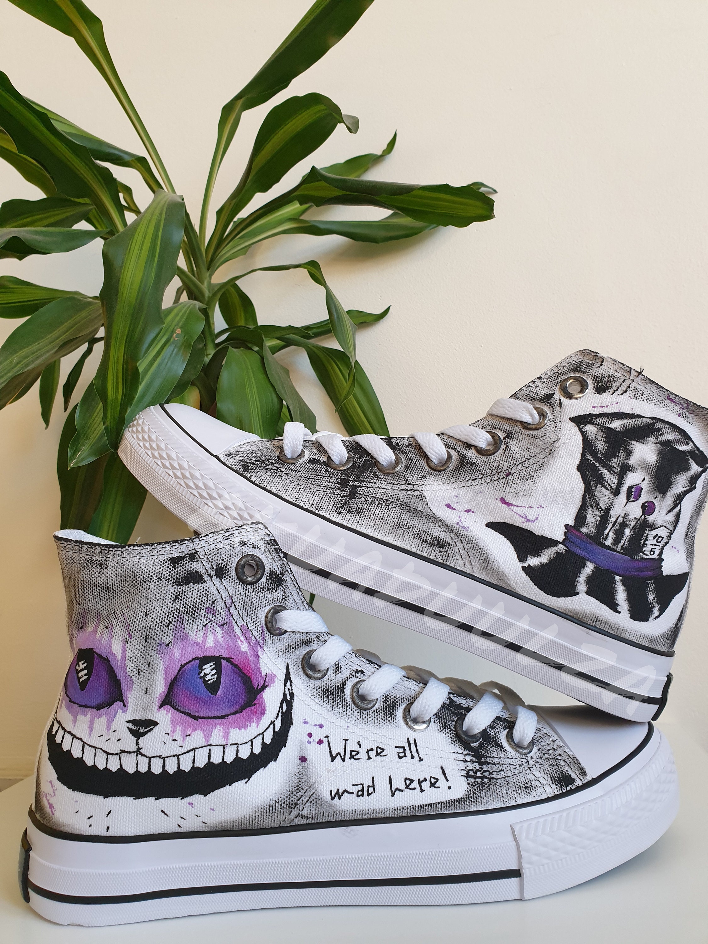 Custom Shoes Hand Painted not Printed High Top Converse Alice in Wonderland  Cheshire Cat Designs 2 full pieces of art painted just for you