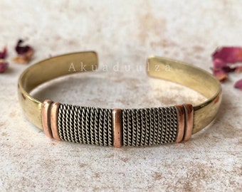 Adjustable Brass and Copper Bracelet / Three metals Wired Bangle / HIPPIE BOHO /Ethnic Cuff bracelet / Unisex bangle