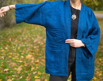 COBALT BLUE Yak Wool Kimono | Cosy Winter Haori | Unisex Hippie Boho Robe from Nepal