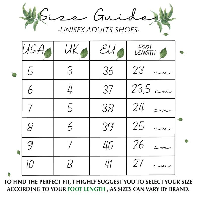 May include: Unisex shoe size guide with US, UK, EU, and foot length in centimeters. The chart shows sizes 5 through 10.
