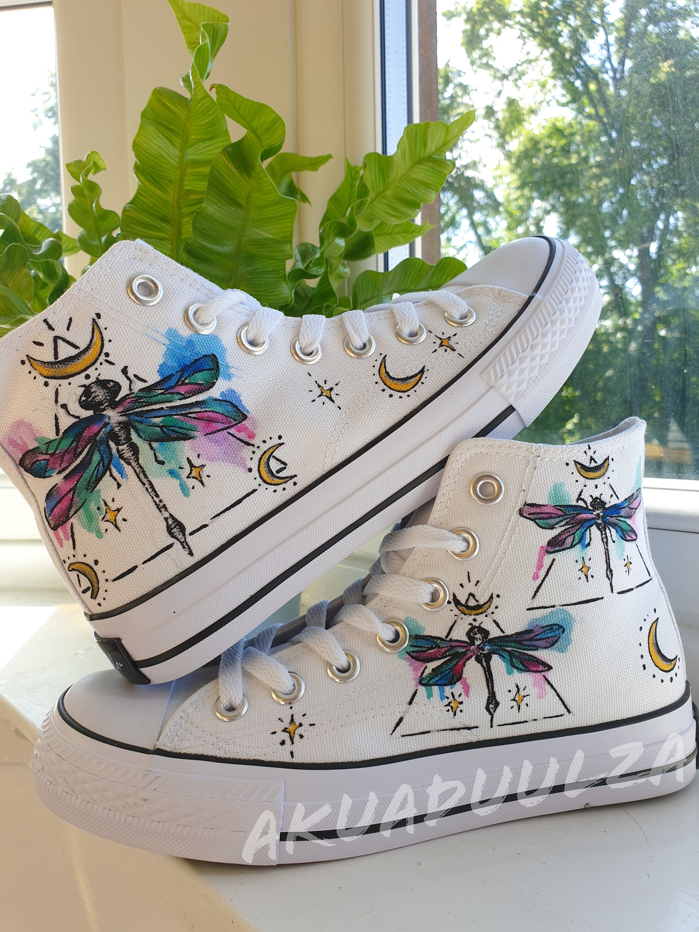 Dragonfly and Moon personalised canvas Shoes/  mystical illustration Custom trainers Shoes Womens Shoes Sneakers & Athletic Shoes Hi Tops BOHO DRAGONFLY hand painted shoes 