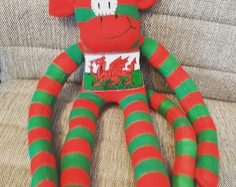 Sock Monkey, Welsh, Wales, Cymru, Stripy Monkey, Welsh Flag