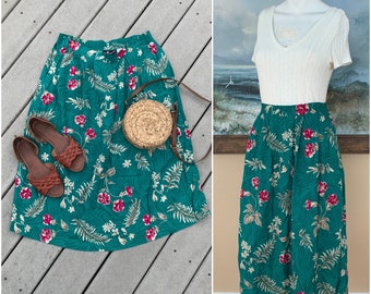 Cute Retro 60s Pleated Skirt Pink Blue Green Floral Pattern Vintage Botanical Skirt with Pockets