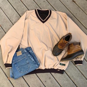 Vintage 90’s Tan Pullover Windbreaker Varsity Jacket || Lightweight Sweatshirt, V-Neck Bomber Jacket, M/L