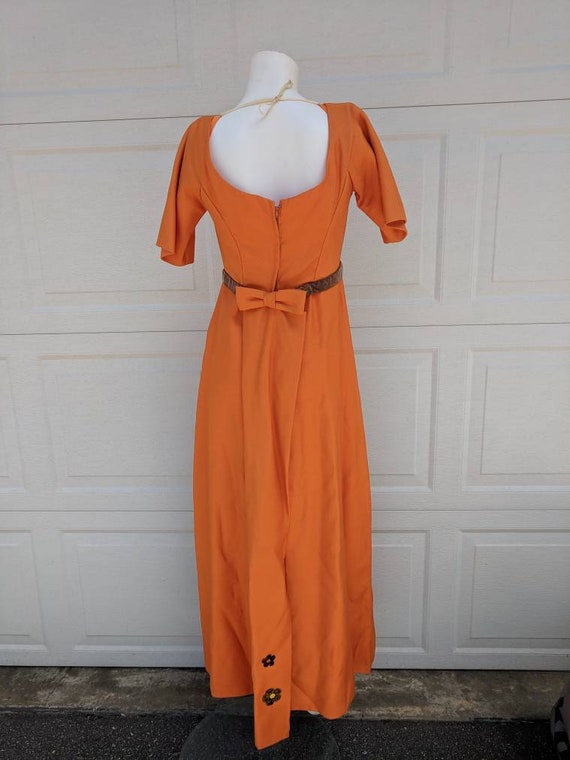 Vintage 1970's Orange Maxi Gown w Fabric Flower D… - image 5