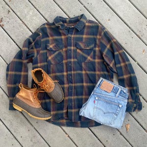 May include: A flat lay featuring a blue, green, and brown plaid flannel shirt, light blue denim jeans, and brown and gray leather boots with orange laces. The items are arranged on a wooden surface.