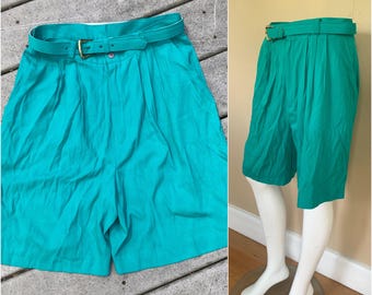 Vintage 90’s High Waisted Shorts w Belt | Y2K Teal Bermuda Mom Shorts, 29"