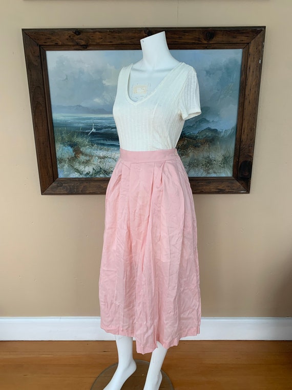 Vintage 90s Pink Pleated Midi Skirt High Waisted A line Minimalist