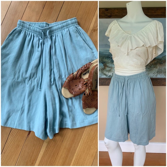 Vintage 90’s Blue High Waisted Shorts w Elastic W… - image 1