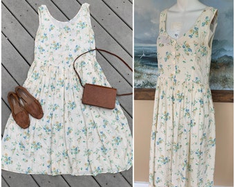 Vintage 90’s Yellow Floral Sleeveless Babydoll Midi Dress || A-Line Pinafore Midi Dress w Pockets, M/L