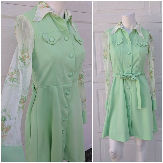 Vintage 1970's Green Button-Up Midi Dress W Sheer