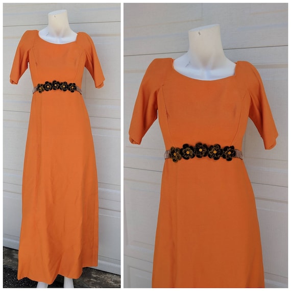 Vintage 1970's Orange Maxi Gown w Fabric Flower D… - image 1