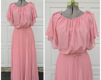 Vintage 70's Dusty Pink Flutter Sleeve Maxi Dress || 1960's Ruffle Batwing Sleeve,  Pleated Full Length Gown, S/M