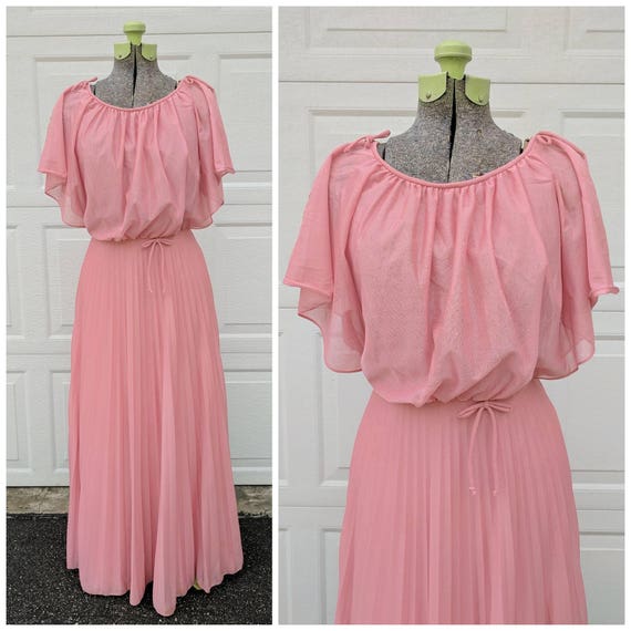 Vintage 70's Dusty Pink Flutter Sleeve Maxi Dress Etsy
