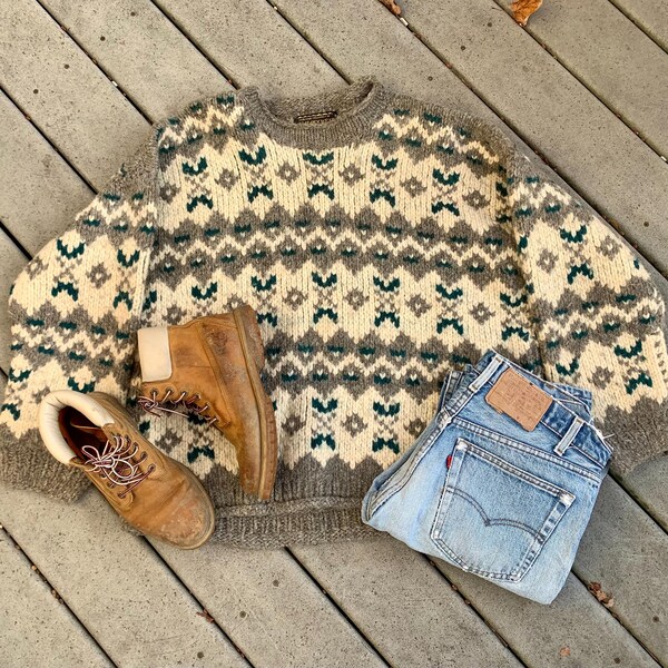 Vintage Chunky Knit Wool Crewneck Sweater || Hand Knit Old Man Pullover Sweater || Wool Knit Fisherman Sweater, XXL