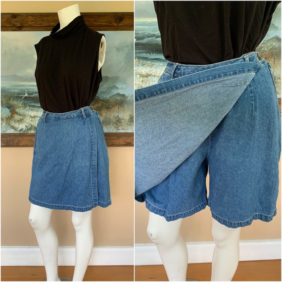 Vintage 90’s Denim Skort Shorts w Pockets, 27” - image 1