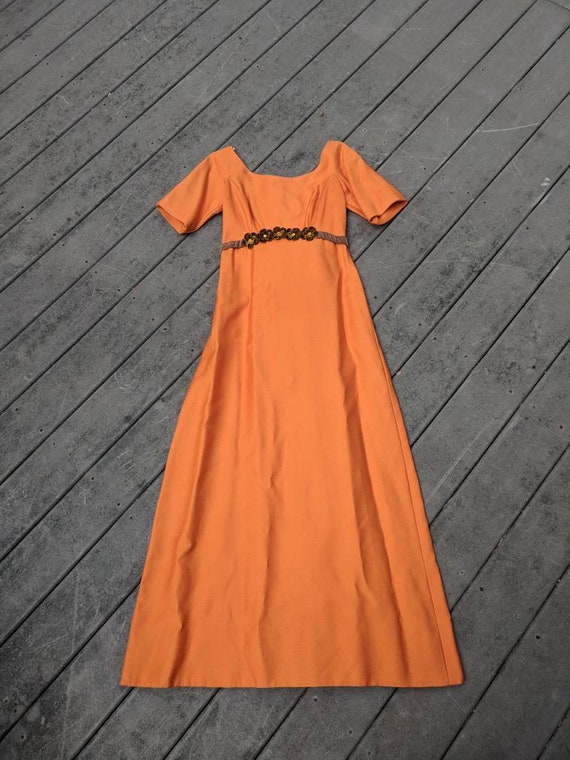 Vintage 1970's Orange Maxi Gown w Fabric Flower D… - image 7