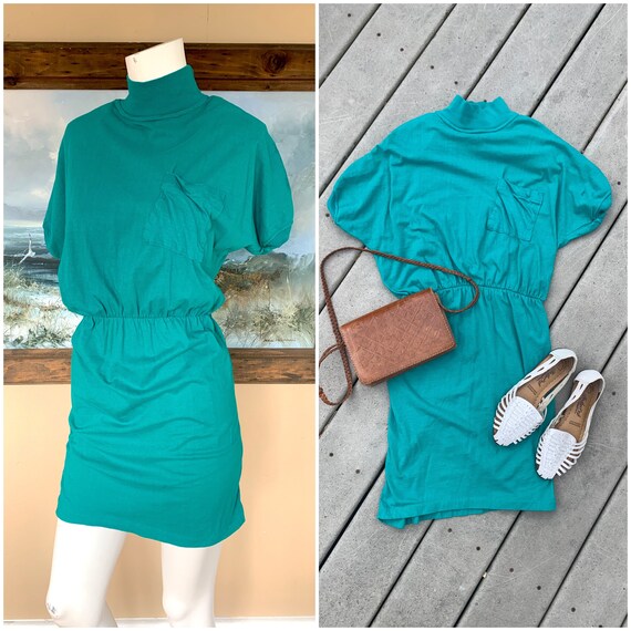 rejuvenatevintage Vintage 80 s Sweatshirt Dress 90 s Teal Shortsleeve Sweatshirt Mini Dress W Breast Pocket Xs S